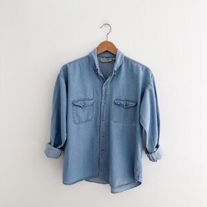 Vintage Soft Chambray Button Down Shirt Worn-In Cotton Denim Top Relaxed Size L